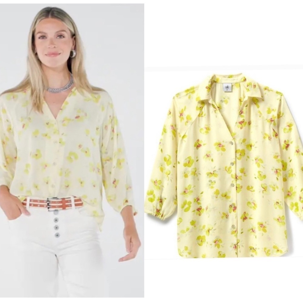 Cabi Go-to-blouse Spring 2023 flower floral light pastel muted yellow Sz S NWOT